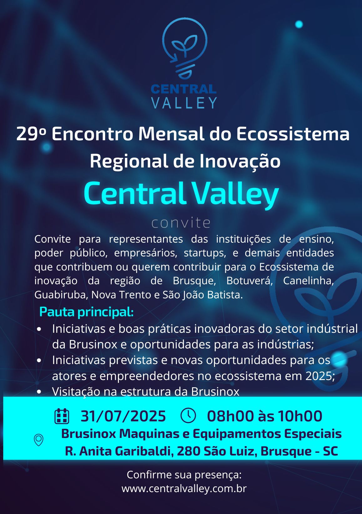 29º Encontro Mensal – Ecossistema Regional de Inovação em Brusque e Região – Central Valley