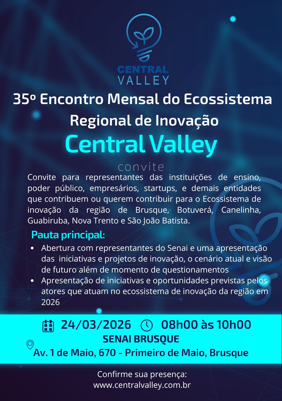 35º Encontro Mensal – Ecossistema Regional de Inovação em Brusque e Região – Central Valley