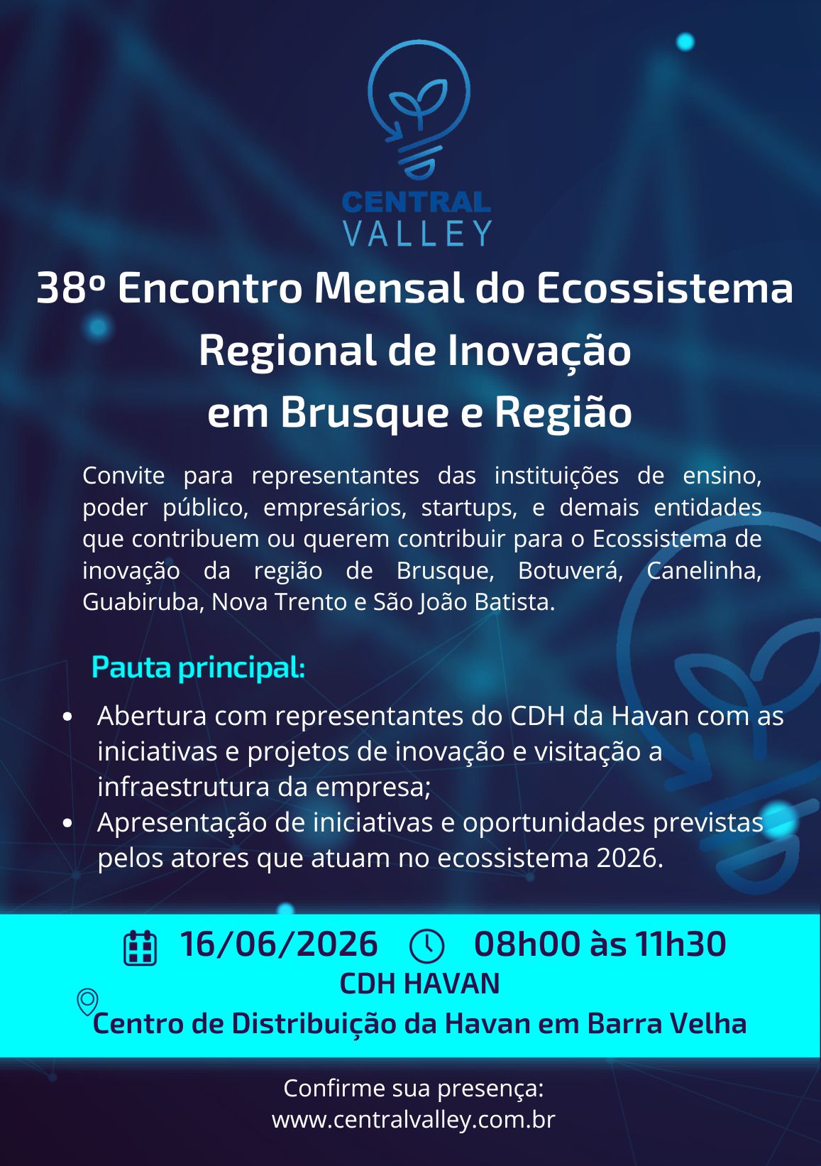 38º Encontro Mensal – Ecossistema Regional de Inovação em Brusque e Região – Central Valley